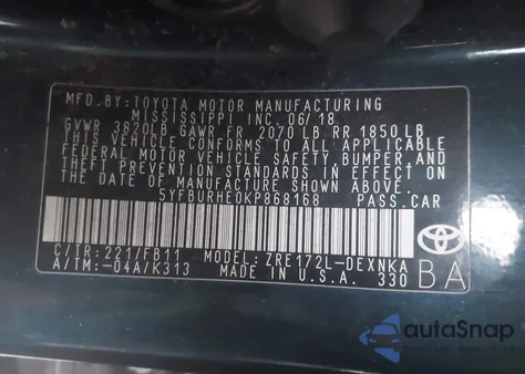 2019 Toyota Corolla Le from USA, damaged, VIN 5YFBURHE0KP868168